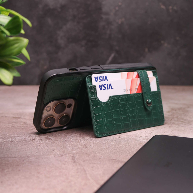 Crocodile Leather Case with Card Slot and Stand - Green -  كفر جلد مع محفظة للبطاقات والنقود وستاند