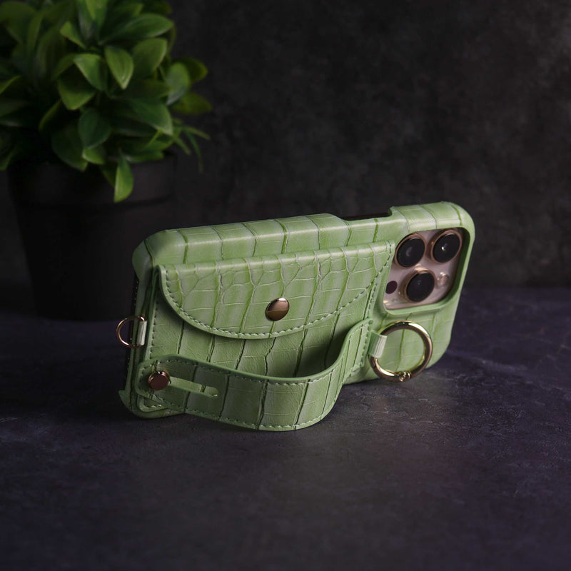 Light Green Crocodile Pattern Wallet Case with Grip - كفر مع ستاند و مسكة شريطة وميدالية ومحفظة للبطاقات
