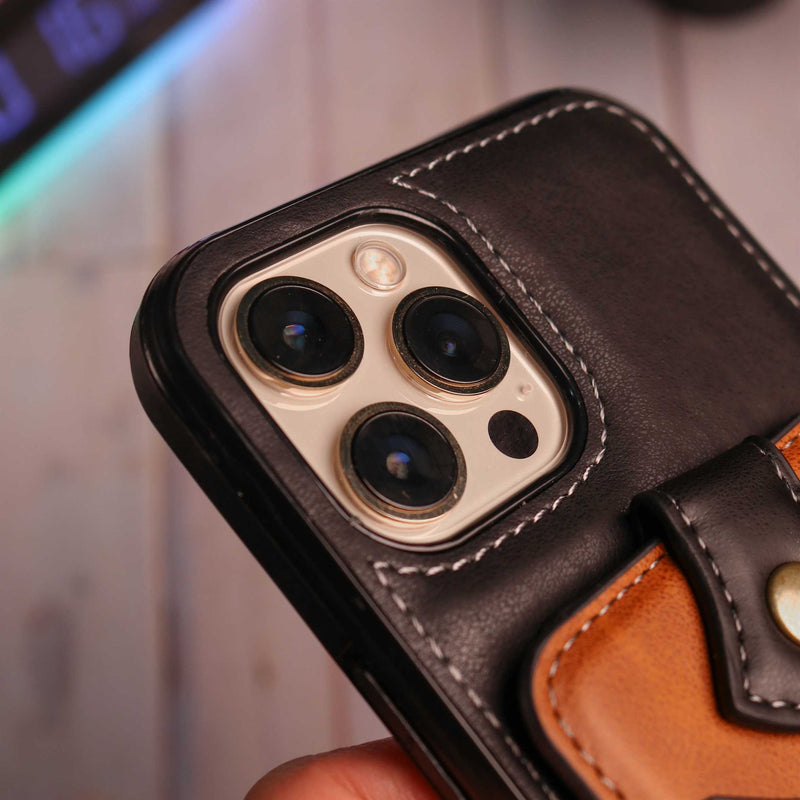 Black Leather Case with Wallet Card Slot - كفر جلد مع محفظة للبطاقات والنقود