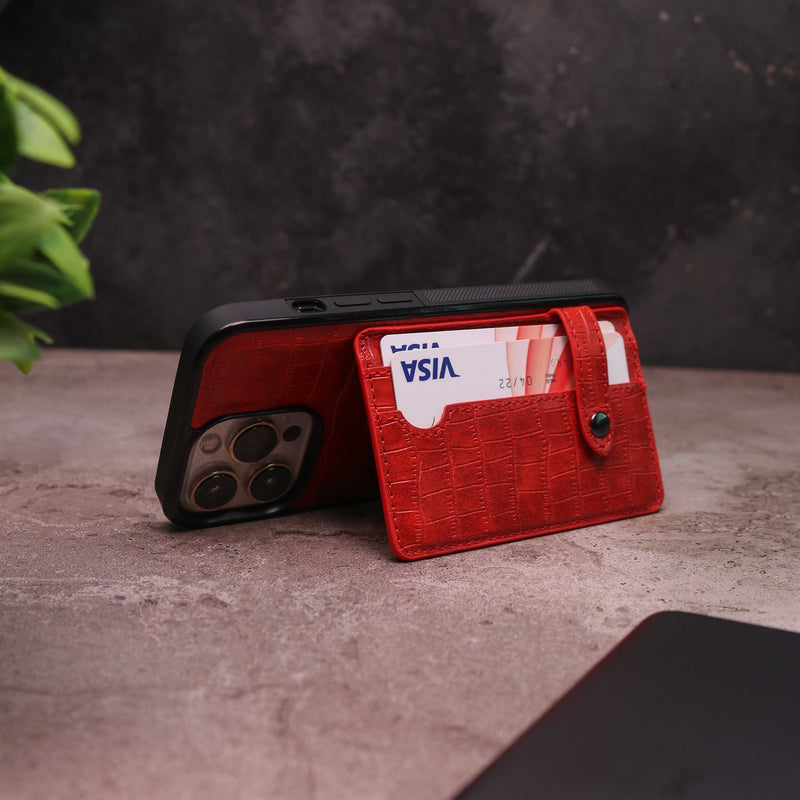 Crocodile Leather Case with Card Slot and Stand - Red -  كفر جلد مع محفظة للبطاقات والنقود وستاند