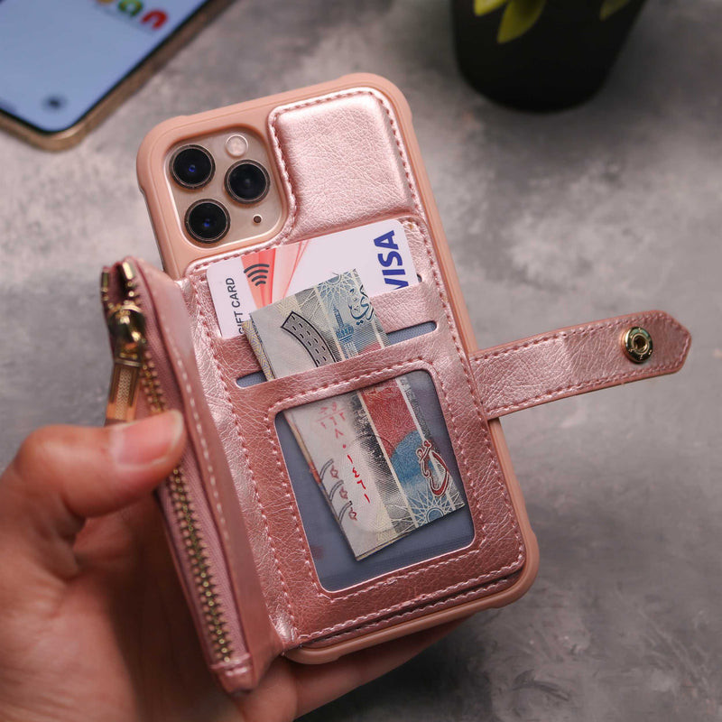 Rose Gold Wallet Case with Zipper - كفر مع محفظة للبطاقات والكاش وجيب للخردة