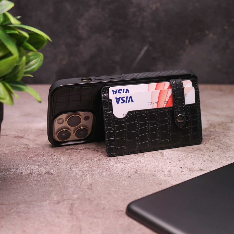 Crocodile Leather Case with Card Slot and Stand - Black -  كفر جلد مع محفظة للبطاقات والنقود وستاند