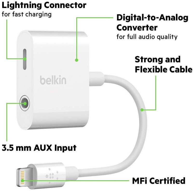 Belkin 3.5mm Audio + Charger Rockstar - وصلة لشحن الايفون والسماعة بنفس الوقت - بيلكن - كفالة 12 شهر