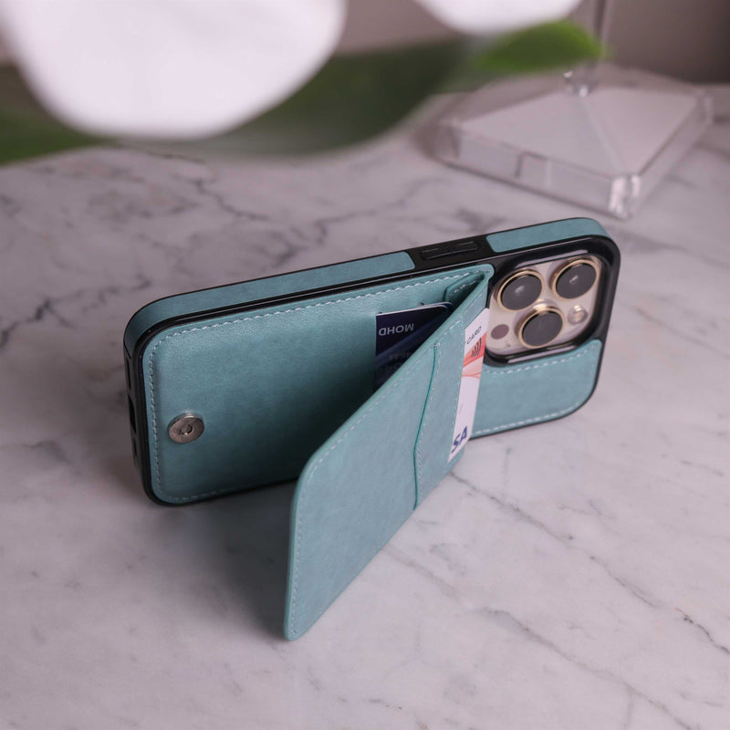 Light Green Leather Phone Case with Wallet Card - كفر مع محفظة للبطاقات والنقود وستاند جانبي