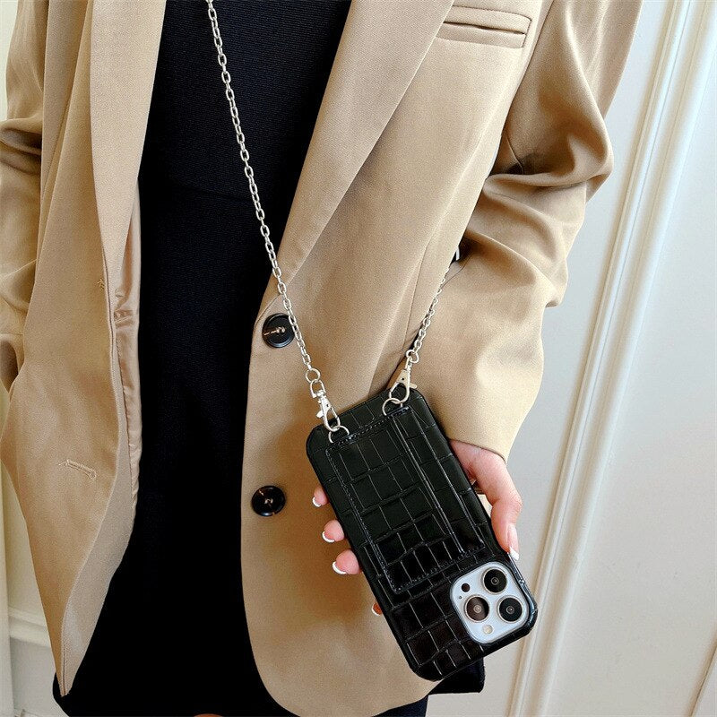Black Leather Case with Card Slot and Strap Lanyard - كفر جلد مع محفظة للبطاقات والنقود وخيط سلسة علاقة