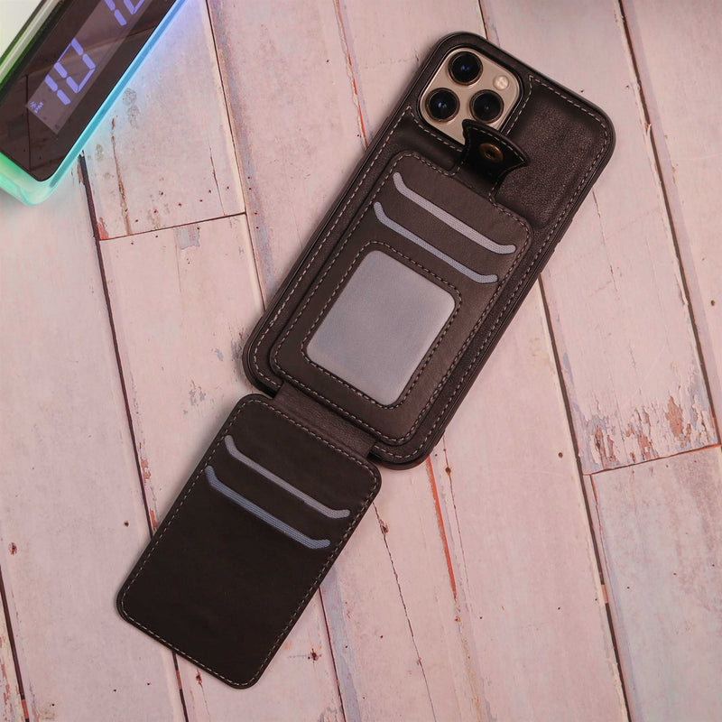 Black Leather Case with Wallet Card Slot - كفر جلد مع محفظة للبطاقات والنقود