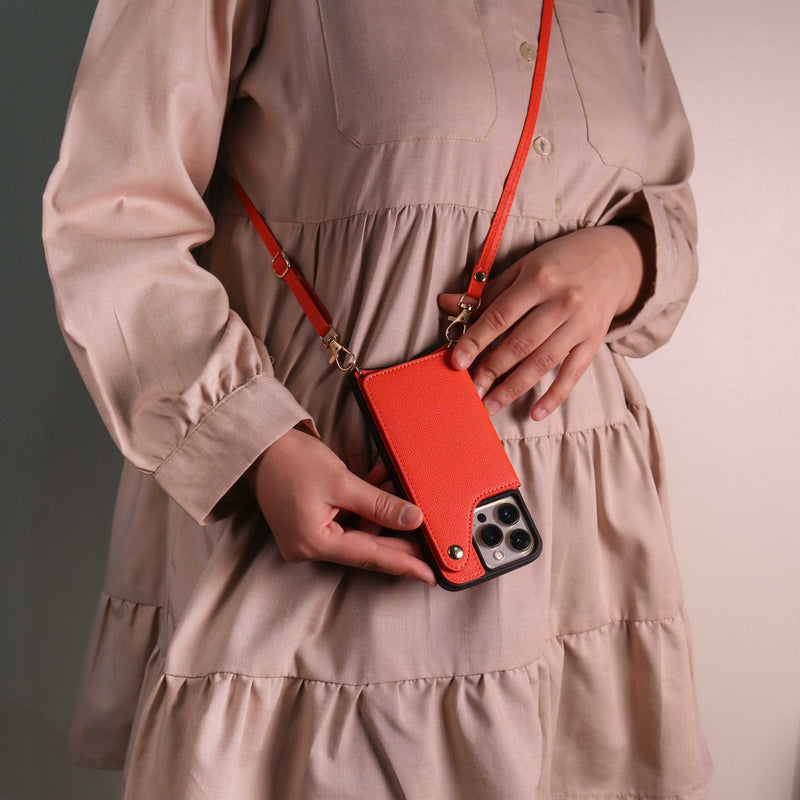 Orange Wallet Leather Case with Mirror, Card Slot and Lanyard - كفر مع مراية ومكان للبطاقات وخيط علاقة
