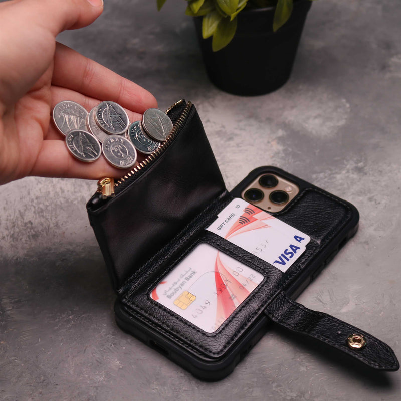 Black Wallet Case with Zipper - كفر مع محفظة للبطاقات والكاش وجيب للخردة