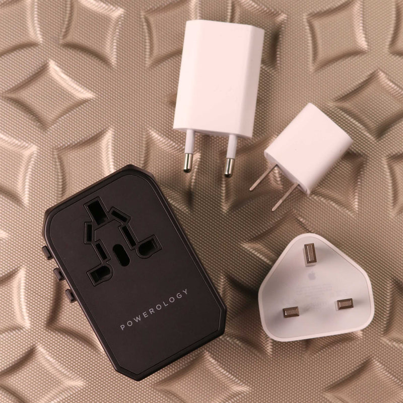 Powerology PD 45W Fast Charge + 2.4A USB Dual Output Universal Travel Adapter With 3 USB Ports - شاحن حائط دولي - باورلوجي - كفالة 18 شهر