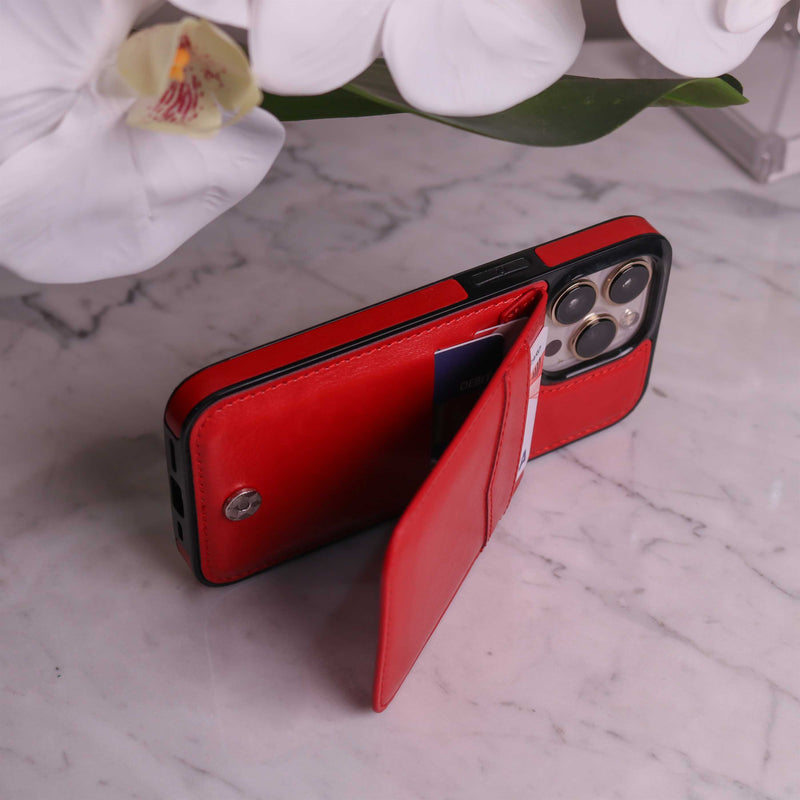 Red Leather Phone Case with Wallet Card - كفر مع محفظة للبطاقات والنقود وستاند جانبي