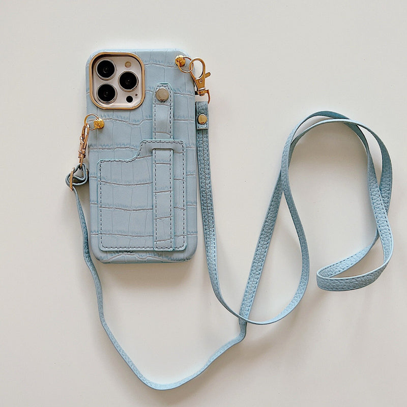 Sky Blue Leather Case with Grip, Card Slot and Strap Lanyard - كفر جلد مع مسكة ومحفظة للبطاقات والنقود وخيط سلسة علاقة