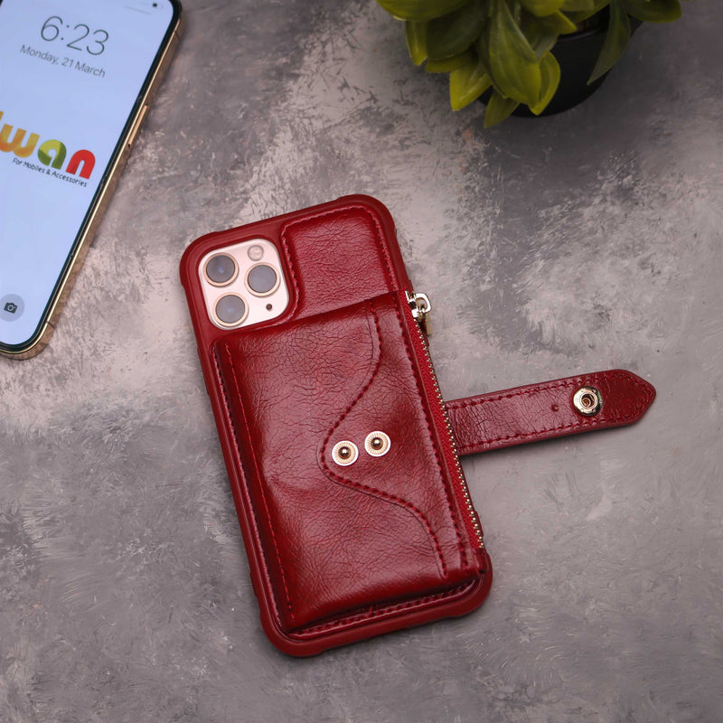 Red Maroon Wallet Case with Zipper - كفر مع محفظة للبطاقات والكاش وجيب للخردة