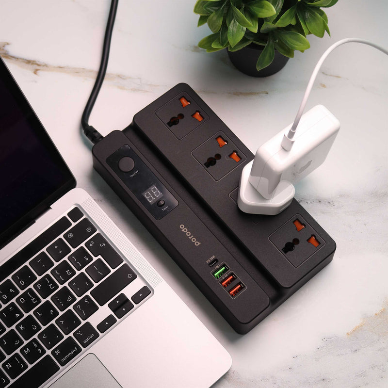 Porodo 4 AC 3 USB & USB-C PD 35W Multiport Socket - 3M - 3000W - موزع شاحن حائط دولي - طول 3 متر - كفالة 24 شهر