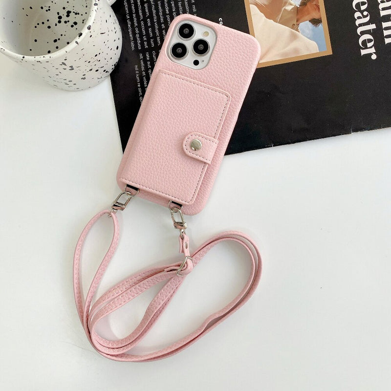 Pink Case with Card Wallet and Strap Lanyard - كفر جلد مع محفظة للبطاقات وخيط علاقة
