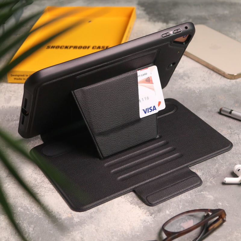 Black iPad Case with Stand, Card and Pen Slot - كفر حماية ايباد مع ستاند ومكان للبطاقات والقلم