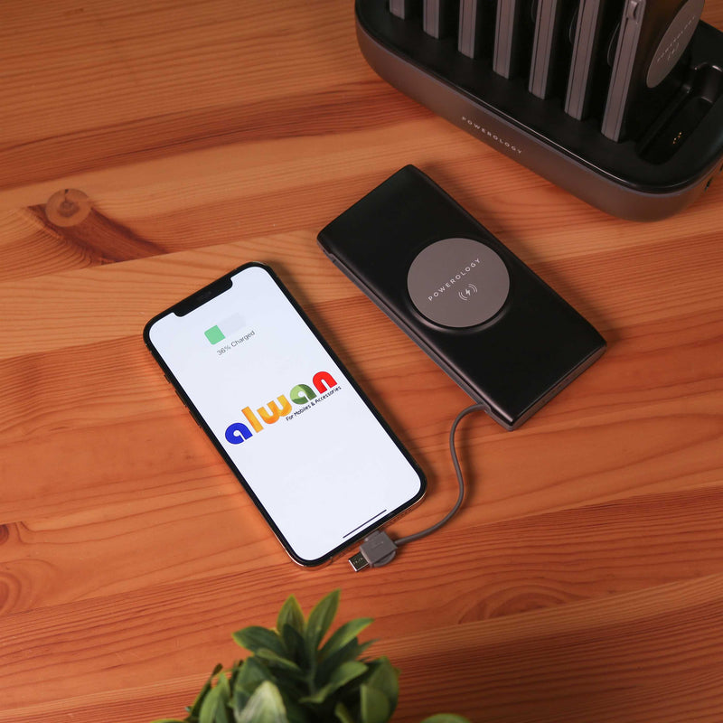 Powerology 8in1 Station 10000 mAh 20W PD QC Wireless Power Bank Built-in Cable With Lightning And Type-C - Blue - قاعدة شحن باور بانك - 8 في 1 - كفالة 18 شهر