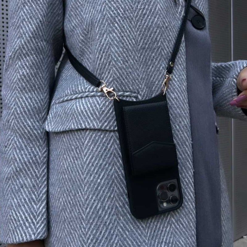 Black Leather Case with Mirror, Card Wallet and Strap Lanyard - كفر جلد مع محفظة للبطاقات ومرايا وخيط علاقة