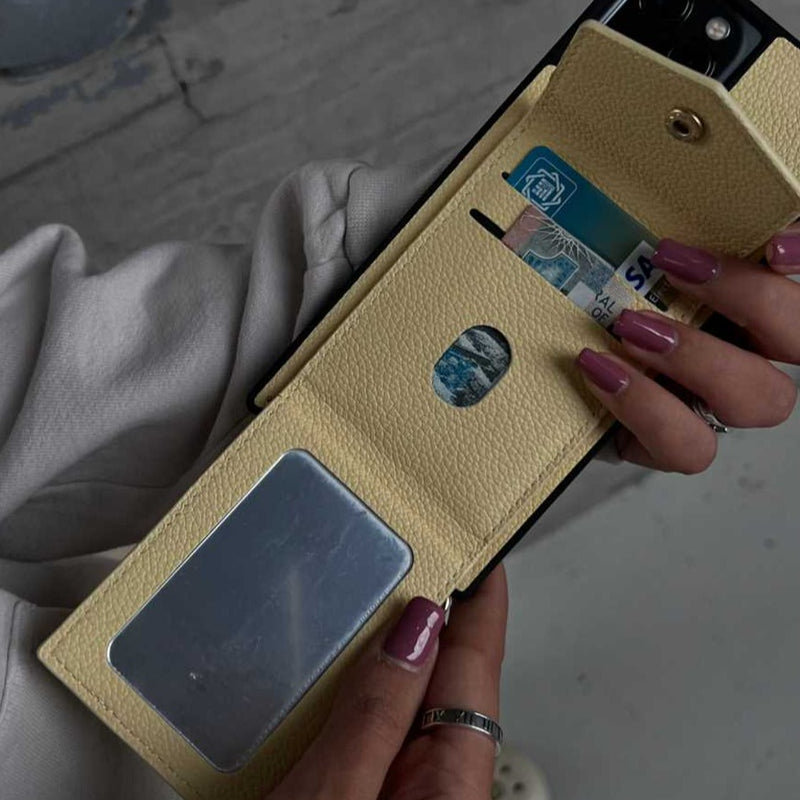 Yellow Leather Case with Mirror, Card Wallet and Strap Lanyard - كفر جلد مع محفظة للبطاقات ومرايا وخيط علاقة