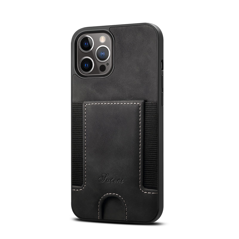 Black Leather Case with Back Card Slots - كفر جلد مع محفظة للبطاقات بالخلف