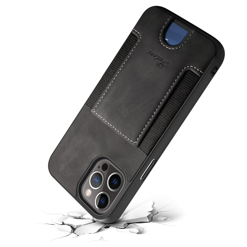 Black Leather Case with Back Card Slots - كفر جلد مع محفظة للبطاقات بالخلف