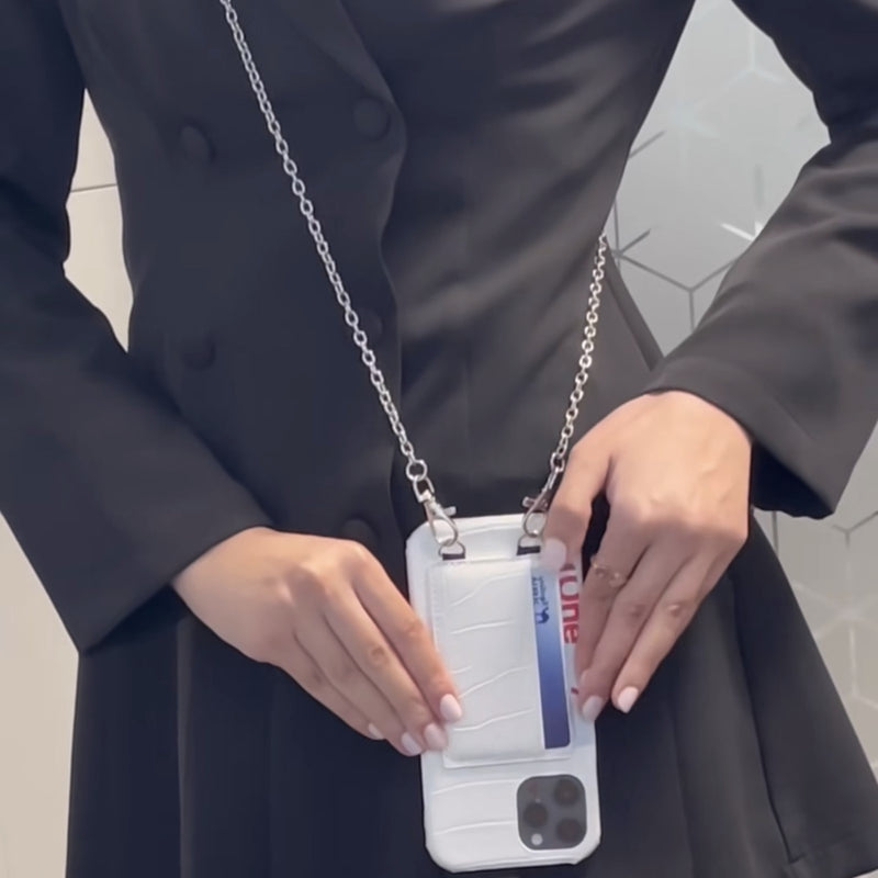 White Leather Case with Card Slot and Strap Lanyard - كفر جلد مع محفظة للبطاقات والنقود وخيط سلسة علاقة