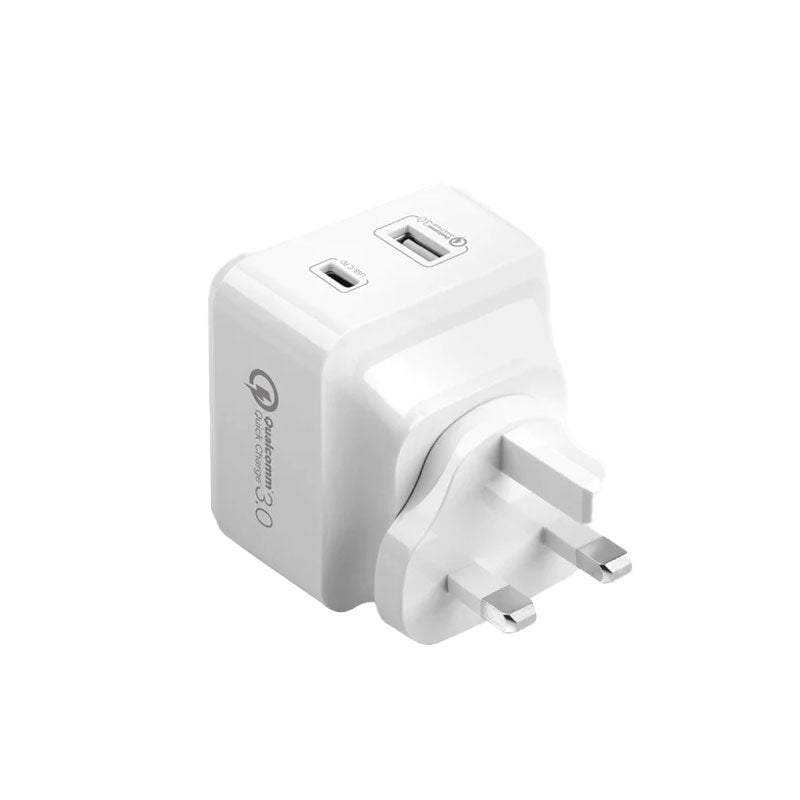 Energea TravelitePD+ 1-Port USB-C and USB-A 48W Wall Charger - White - شاحن حائط دولي بقوة 48 واط - فتحة تايب سي للشحن السريع + فتحة للشحن السريع كوالكوم 3 - كفالة 5 سنوات