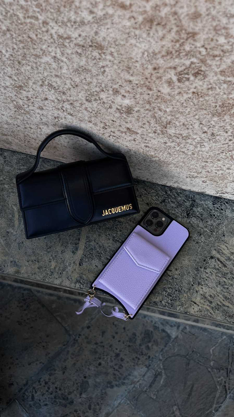 Purple Leather Case with Mirror, Card Wallet and Strap Lanyard - كفر جلد مع محفظة للبطاقات ومرايا وخيط علاقة