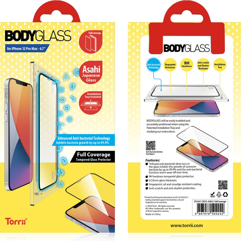 Torrii BODYGLASS Screen Protector Anti-bacterial Coating for iPhone 12/12 Pro/12 Pro MAX - Full Coverage - حماية شاشة شفافة لجميع اطراف الجهاز - توري - مقاومة للخدش والبكتيريا