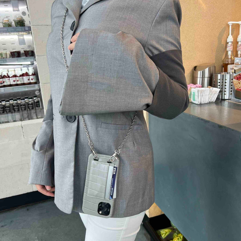 Grey Leather Case with Card Slot and Strap Lanyard - كفر جلد مع محفظة للبطاقات والنقود وخيط سلسة علاقة