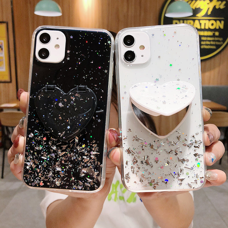 Black Heart Glitter Phone Case with Mirror POP Grip - كفر مع مسكة دائرية ومرايا