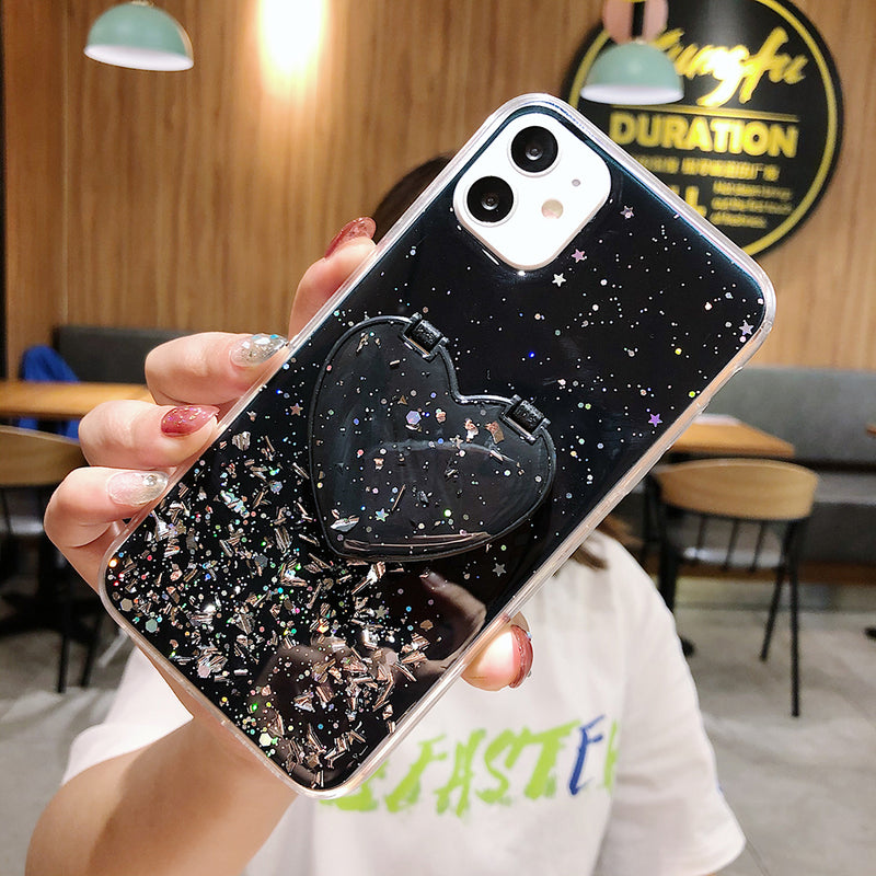 Black Heart Glitter Phone Case with Mirror POP Grip - كفر مع مسكة دائرية ومرايا