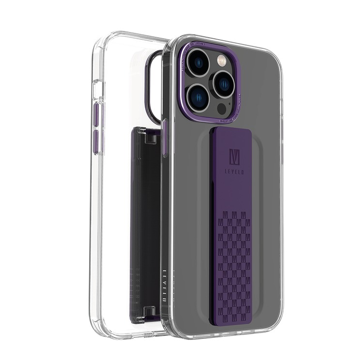 Levelo Graphia IMD Clear Case with Extra Grip Bumper Protection For iPhone 14/14 Plus/14 Pro/14 Pro MAX - Purple - كفر حماية عالية - مع مسكة  -