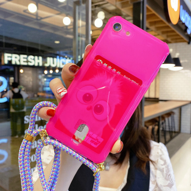 Hot Pink Clear Case with Back Card Slot and Lanyard - كفر مع خيط علاقة ومكان للبطاقات