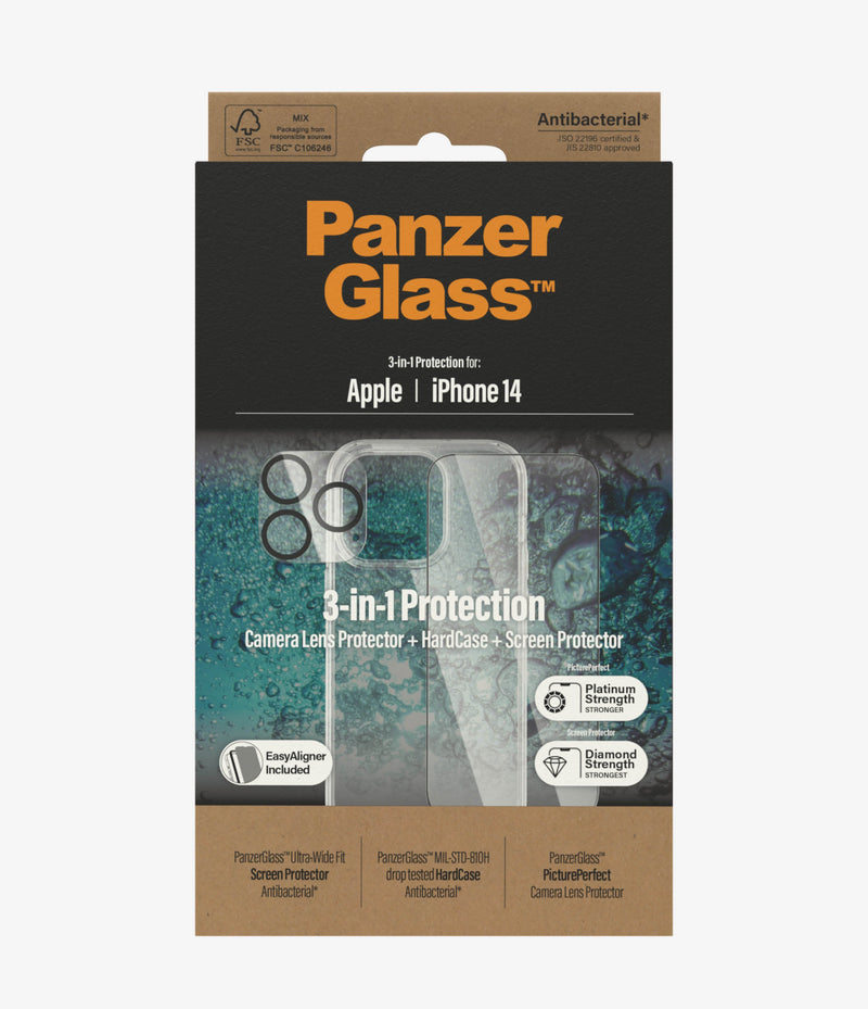 PanzerGlass iPhone 14 Bundle - كفر حماية + حماية شاشة شفافة + حماية لعدسات الكاميرا الخلفية - بانزر جلاس