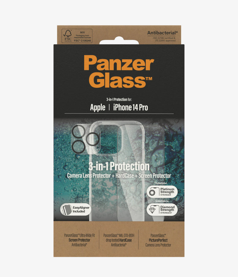PanzerGlass iPhone 14 Pro Bundle - كفر حماية + حماية شاشة شفافة + حماية لعدسات الكاميرا الخلفية - بانزر جلاس