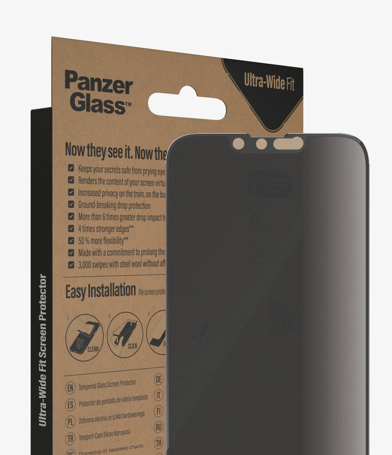 PanzerGlass Ultra Wide Fit Clear With Applicator - Privacy - حماية شاشة - بانزر جلاس - خصوصية برايفسي - حماية لجميع اطراف الجهاز - لجهاز الايفون 14\13\13 برو - مع عدة التركيب