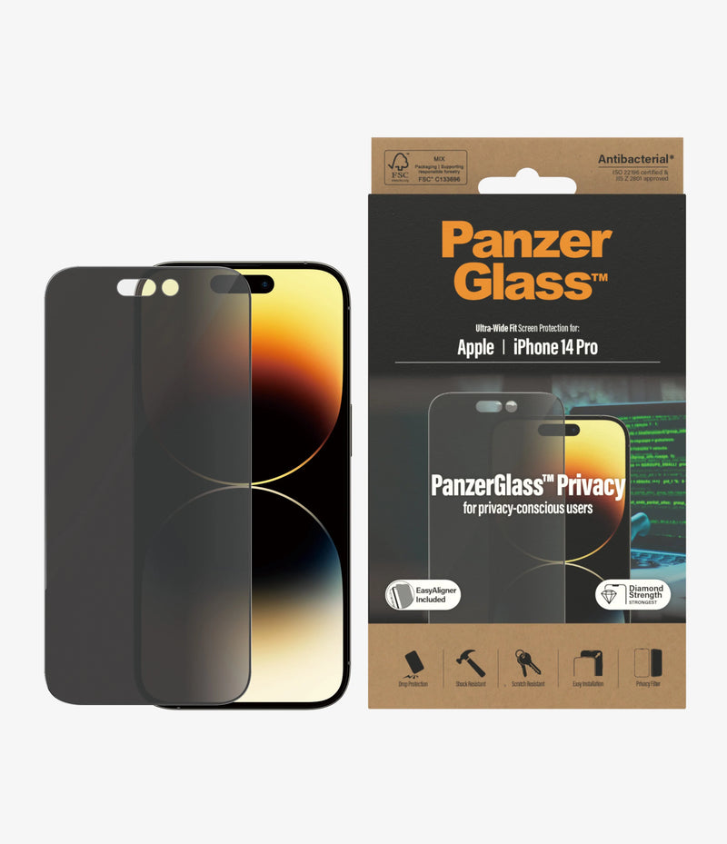 PanzerGlass Ultra Wide Fit Clear With Applicator - Privacy - iPhone 14 Pro - حماية شاشة - بانزر جلاس - خصوصية برايفسي - حماية لجميع اطراف الجهاز - لجهاز الايفون 14 برو - مع عدة التركيب
