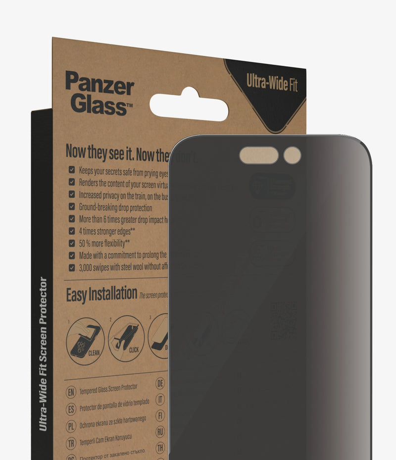 PanzerGlass Ultra Wide Fit Clear With Applicator - Privacy - iPhone 14 Pro - حماية شاشة - بانزر جلاس - خصوصية برايفسي - حماية لجميع اطراف الجهاز - لجهاز الايفون 14 برو - مع عدة التركيب