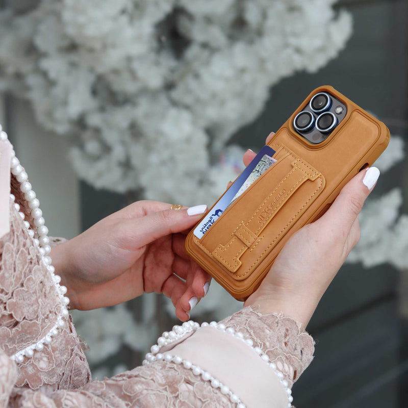 Light Brown Leather Case with Grip, Card Slot and Stand - كفر جلد مع مسكة ومحفظة للبطاقات وستاند جانبي