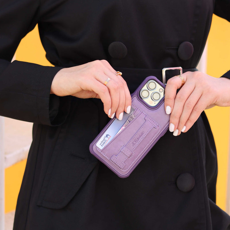 Purple Leather Case with Grip, Card Slot and Stand - كفر جلد مع مسكة ومحفظة للبطاقات وستاند جانبي