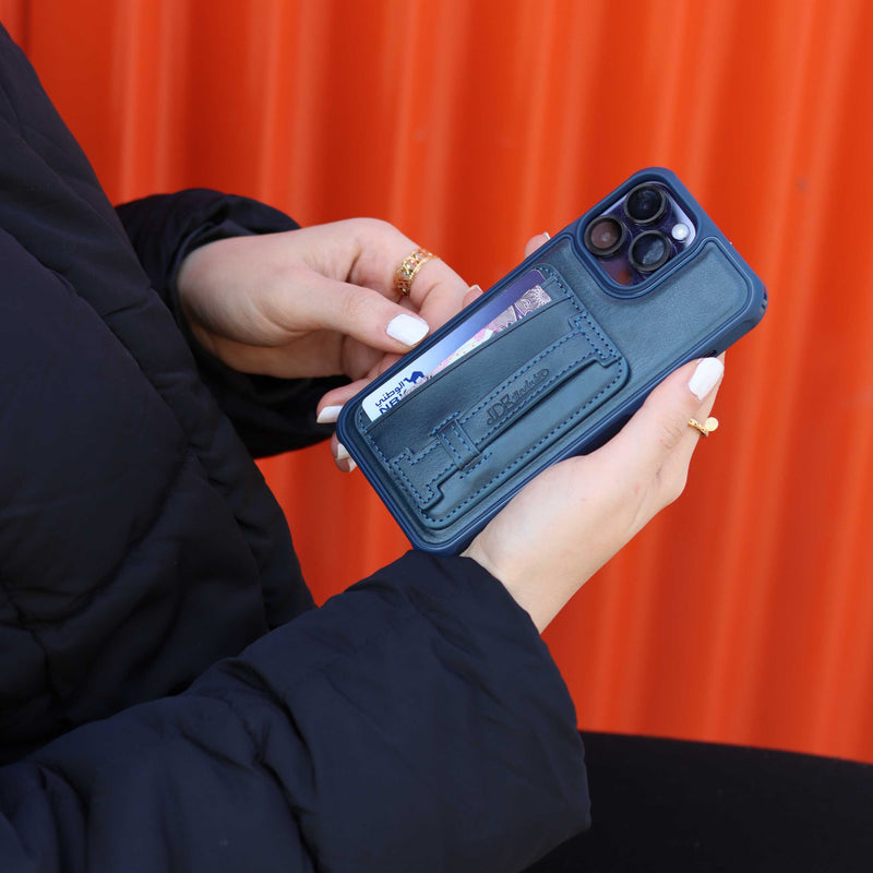 Dark Blue Leather Case with Grip, Card Slot and Stand - كفر جلد مع مسكة ومحفظة للبطاقات وستاند جانبي