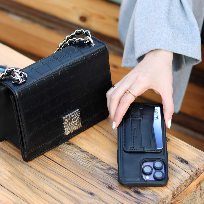Black Leather Case with Grip, Card Slot and Stand - كفر جلد مع مسكة ومحفظة للبطاقات وستاند جانبي