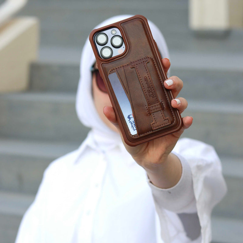 Dark Brown Leather Case with Grip, Card Slot and Stand - كفر جلد مع مسكة ومحفظة للبطاقات وستاند جانبي