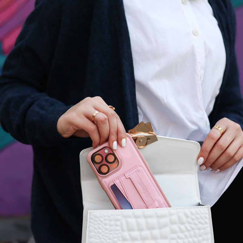 Pink Leather Case with Grip, Card Slot and Stand - كفر جلد مع مسكة ومحفظة للبطاقات وستاند جانبي