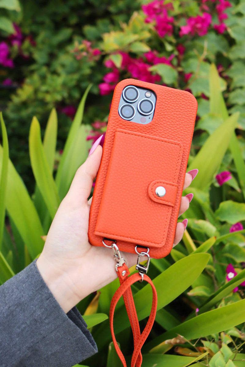 Orange Case with Card Wallet and Strap Lanyard - كفر جلد مع محفظة للبطاقات وخيط علاقة