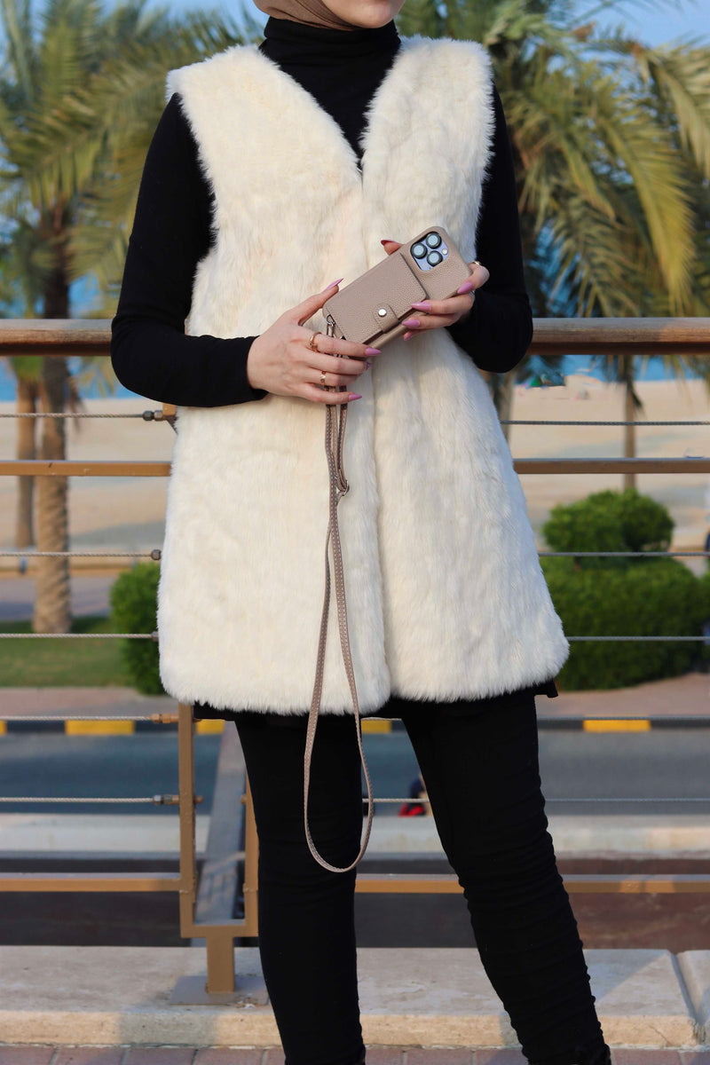 Beige Case with Card Wallet and Strap Lanyard - كفر جلد مع محفظة للبطاقات وخيط علاقة