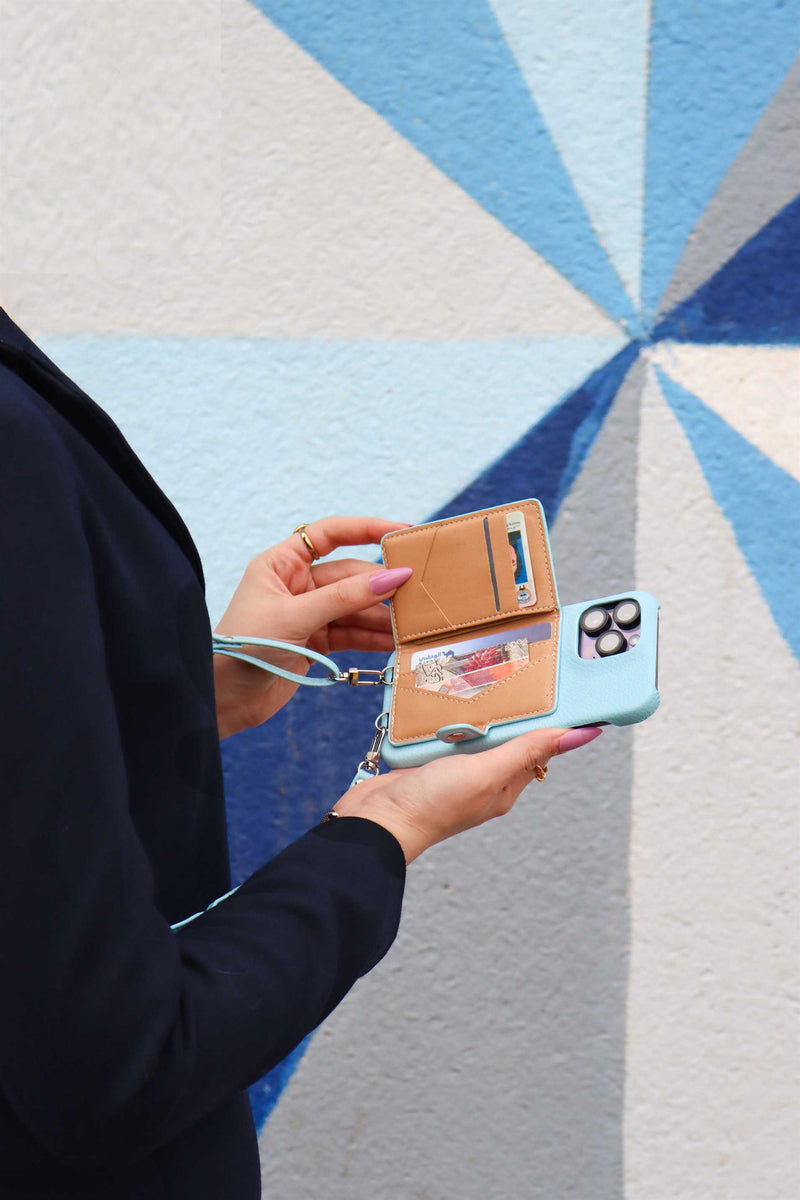 Sky Blue Case with Card Wallet and Strap Lanyard - كفر جلد مع محفظة للبطاقات وخيط علاقة