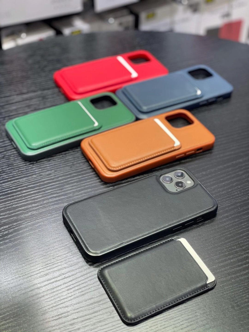 Black Case with Magnetic Wireless Charger Wallet Card Slot Holder - كفر حماية مع مكان للبطاقات يدعم الشحن اللاسلكي