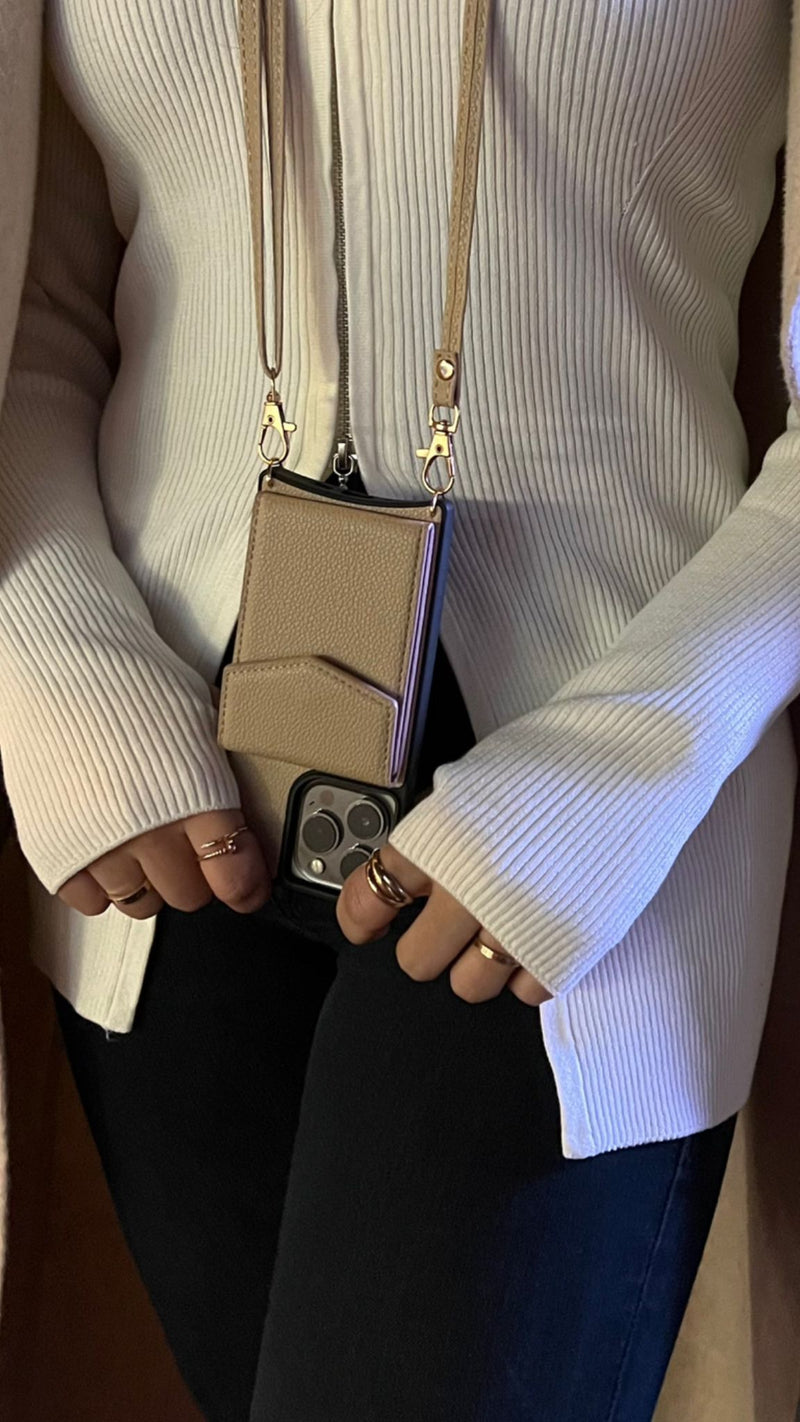 Brown Leather Case with Mirror, Card Wallet and Strap Lanyard - كفر جلد مع محفظة للبطاقات ومرايا وخيط علاقة