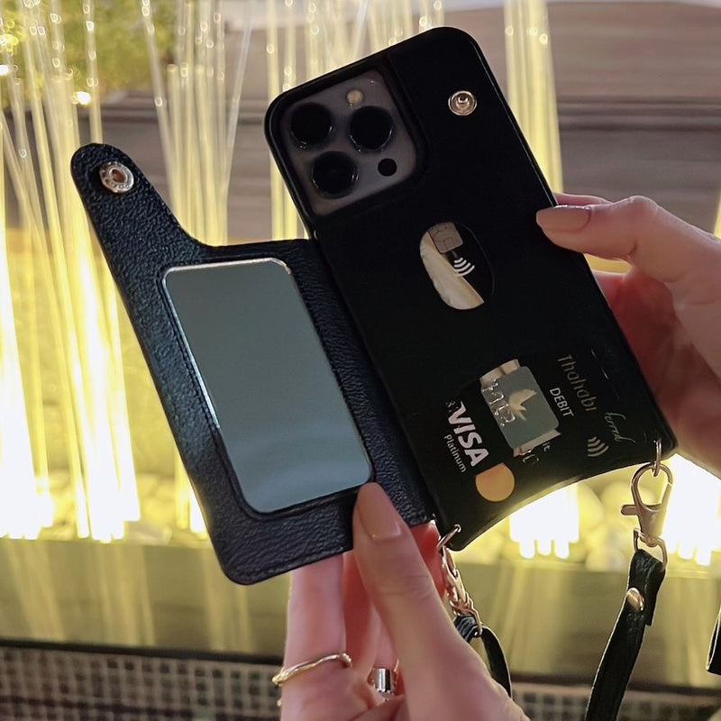 Black Wallet Leather Case with Mirror, Card Slot and Lanyard - كفر مع مراية ومكان للبطاقات وخيط علاقة